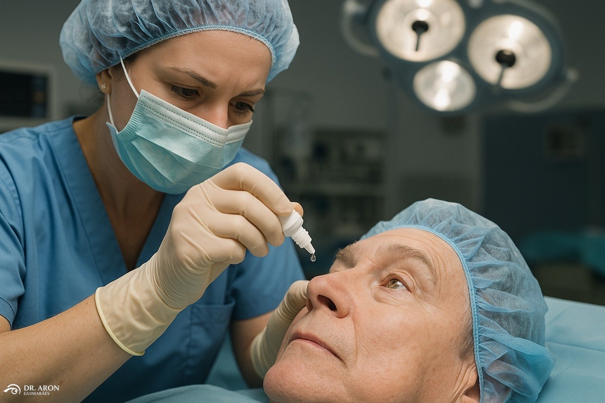 Uso de colírio de iodo 5% para prevenção de infecção na cirurgia de catarata.